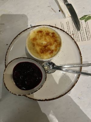 Crème brûlée with a berry compote   at Stem & Glory in Cambridge