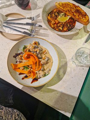 Main - swede gnocchi
with roasted chestnut mushroom & spinach in ‘gorgonzola’ cream with spiced walnuts, aged balsamic, yellow carrot curls & micro sage #Veganuary at Stem & Glory in Cambridge