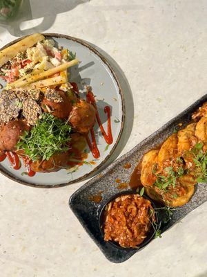buffalo broccoli + kimchi pancakes at Stem & Glory in Cambridge