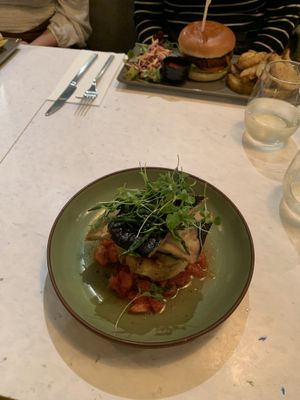 ‘Sea bass’ (VG & GF) and vegan burger  at Stem & Glory in Cambridge