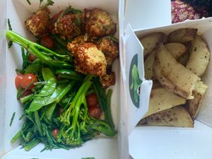 Seasonal veg, buffalo cauliflower wings & roasted potato chips (all gluten-free)  at Stem & Glory in Cambridge