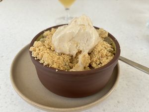 Pear crumble with ice cream   at Stem & Glory in Cambridge