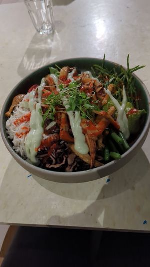 Delicious bowl with oyster mushrooms at Stem & Glory in Cambridge