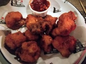 Vegan irn bru pakora at Bloc Bar Glasgow in Glasgow