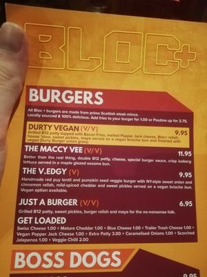 Vegan veggie menu at Bloc Bar Glasgow in Glasgow