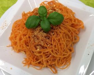 Great aglio olio peperoncino in raw version from sweet potatoes. at Slunce in Ceske Budejovice