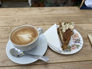 Vegan cappuccino and carrot cake  at Hidden Lane Tea Room in Glasgow