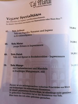 The vegan options at Taj Mahal in Willingen Upland