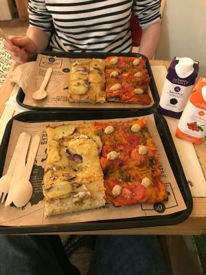 Tomato-ricotta and mushroom-potato slices. Perfect combination ! at Hank Vegan Pizza in Paris