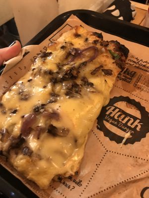 Potato, red onion, mushroom with a really delicious cheese  at Hank Vegan Pizza in Paris