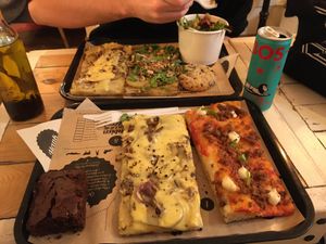 Beyond meat pizza + La montagnarde and a brownie  at Hank Vegan Pizza in Paris