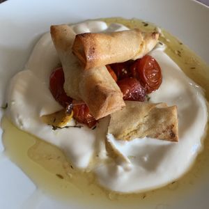 Tofu “feta" rolls with garlic yoghurt & tomatoes.  at Le Cheval Blanc  in Saint-antonin-noble-val