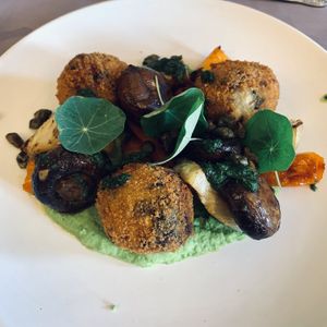 Fishy “Croquettes” of palmheart, nori, mashed potato.  at Le Cheval Blanc  in Saint-antonin-noble-val