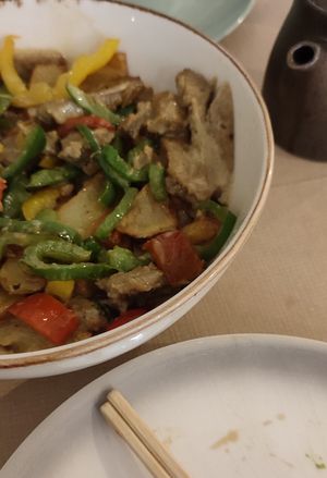 Seitan with vegs and potatoes "curry" at Suka in Suances