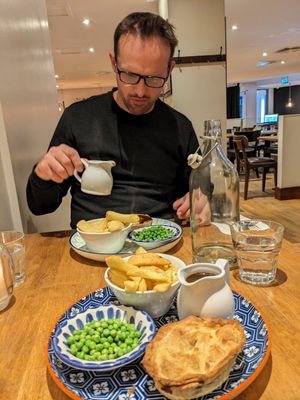 Guinness and Seitan Pie with peas and chips are really really good at Acton & Sons in Belfast