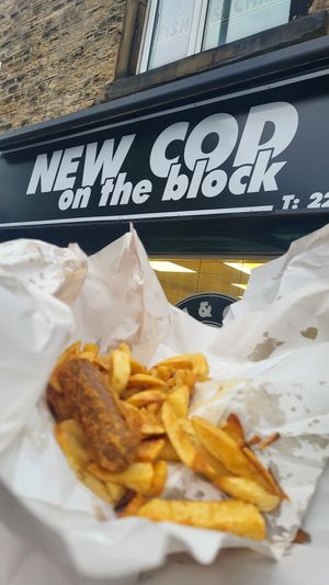 Sosij and chips at New Cod on the Block in Sheffield