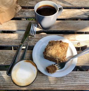 Delicious vegan coffee cake with almond milk cortado  at Julie's Coffee and Tea Garden in Alameda