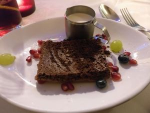 Chocolate and almond cake with soya cream at Otto's Restaurant in Sheffield
