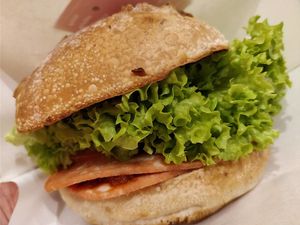 Homemade sambal and ham burger. This is vegan.  at Chef Icon Nature Bakery - Katong in Central Singapore