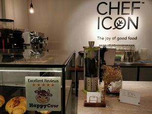 received the HappyCow excellent reviews 5 stars decal at Chef Icon Nature Bakery - Katong in Central Singapore