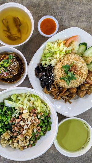 Vegan bittergourd yong tau foo, lion’s mane mushroom rice, leicha kolomee at FIREFLY 萤火虫 by Thunder Tree in Central Singapore
