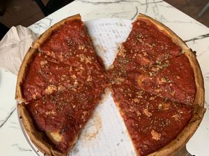 14” deep dish whole wheat pizza  at Patxi's Pizza in Santa Barbara