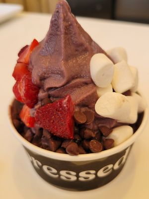 Small Acai with chocolate chips, vegan marshmallows and strawberries at Pressed Juicery - Paseo Nuevo in Santa Barbara