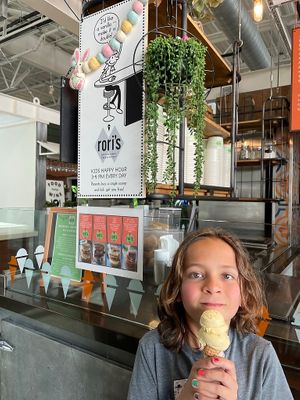 Kids happy hour is from 3-4 pm every day! Kids get a free ice cream with the purchase of a "single scoop" (actually two scoops). I love the fresh vegan sugar cones! at Rori's Creamery in Santa Barbara