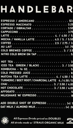 Store drink menu  at Handlebar Coffee Roaster in Santa Barbara