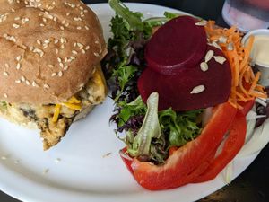 Filet of Phish with green salad and aioli dressing at Fish on Fifth in Sidney