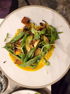 Roasted pumpkin, pea shoots, runner beans at A Touch of Salt in Townsville