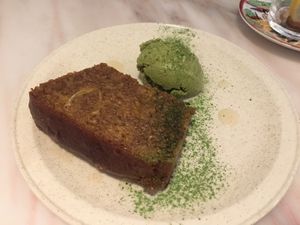 Lemon drizzle cake with matcha ice cream  at Namban Oporto Kitchen Cafe in Porto