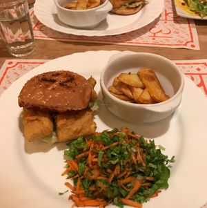 Burger with fried tofu (vegan) at Satsanga in Burgas