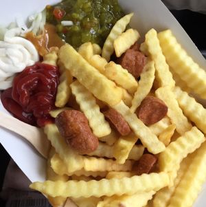 fries and sausages (makkaraperunat) with really good mayonnaise (kaikilla mausteilla!!) at Jänö in Helsinki