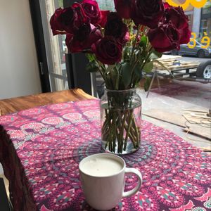 Delicious Rooibos Almond Latè with a window seat to St Laurent at Belem Cafe & Yoga in Montreal