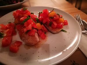 First course: a REALLY tasty bruschetta: tomatoes, basil, garlic
 at Freta 33 in Warsaw