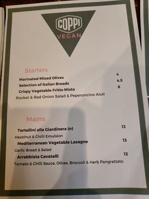 Coppi vegan menu at Coppi in Belfast