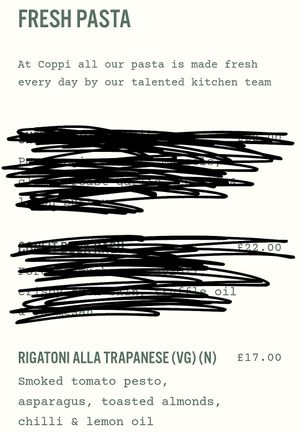 Menu as of May 2025 (meat removed) at Coppi in Belfast