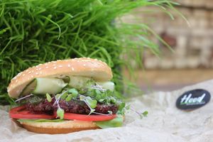 This is Stack burger with vegan chop is beans wit pesto sauce at Hood - Konyushennaya in St Petersburg