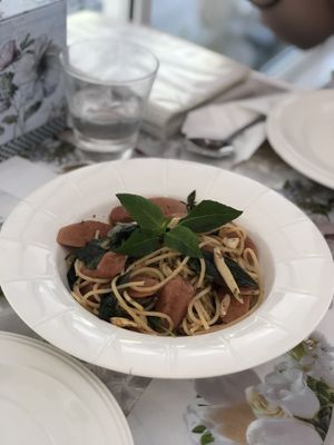 Vegan sausage pasta at My Home Cafe & Vegetarian in Chiang Mai