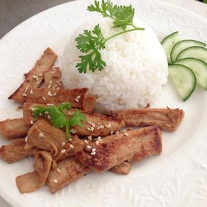 Rice with white sesame fried pork (mock meat) at My Home Cafe & Vegetarian in Chiang Mai
