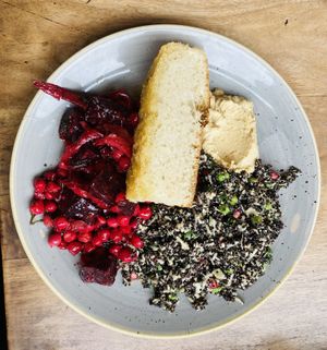 Chickpea, beetroot and quinoa salad with a bit of hummus and toast  at Brother Hubbard - North in Dublin