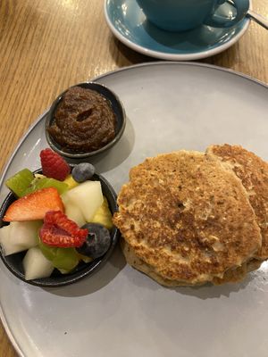 vegan pancakes with date caramel and fresh fruitt  at Mr. Fox in Riga
