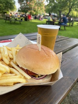 Vegan burger and chips from The Shed at The Perch in Oxford