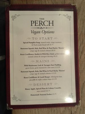 Vegan menu as at 2018-11 at The Perch in Oxford