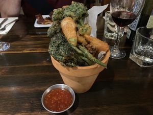 Veg tempura starter with a chilli dipping sauce. at The Gardener's Arms in Alderton