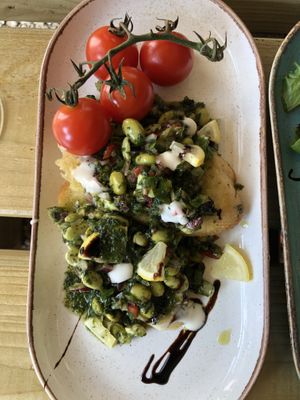 Soya bean garlic bruschetta at The Gardener's Arms in Alderton