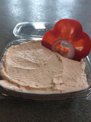 Vegan red pepper cream cheese at Hettie's Delites in Rochester
