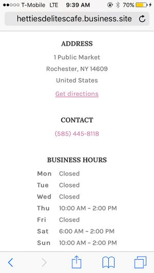 Website hours change  at Hettie's Delites in Rochester