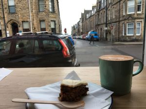 Vegan cake with chai latte!  at Taste in St Andrews